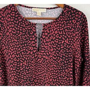 Michael Kors Shirt Womens M Black Red Leopard  Spot Long Sleeve Keyhole Stretch